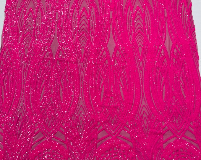 Neon Pink Sequins Fabric | 4 Way Stretch Fancy Big Damask Design Sequins on Spandex Mesh Prom Gala Gown Fabric By The Yard
