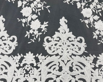 White Damask Embroidered Floral Lace Fabric - Bridal Wedding Dress Lace By The Yard