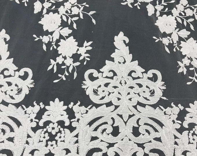 WHITE Damask Design Embroidered on Mesh Lace Fabric, Floral Bridal Lace Wedding Dress by the Yard (Pick a Size)