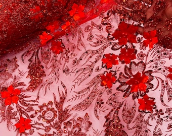 Red Glitter Floral Mesh, Glitter 3D Flower Sequin Fabric, Wedding Dresses & Quinseñera