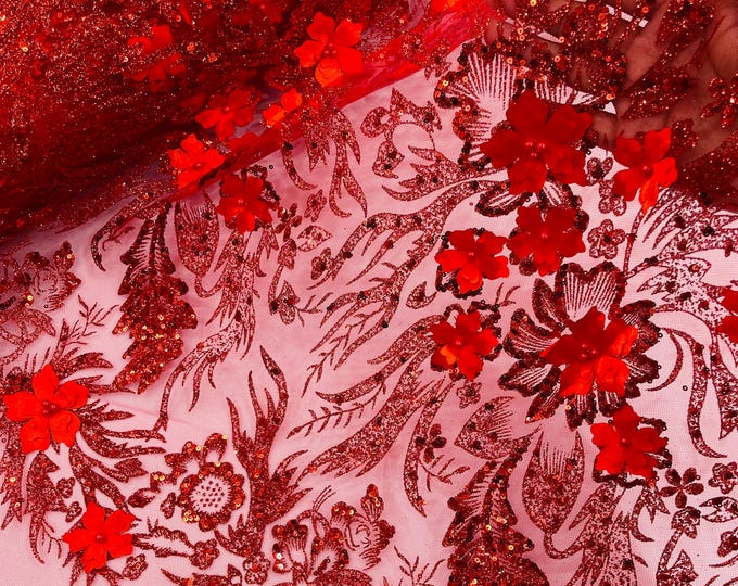 Red Glitter Floral Mesh, Glitter 3D Flower Sequin Fabric, Wedding Dresses & Quinseñera