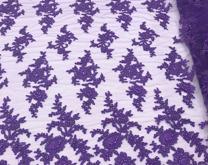 Purple Beaded Fabric, Cluster Bead Fabric Embroidered Flower Beaded Fabric Wedding Bridal Lace Fabric Sold By Yard