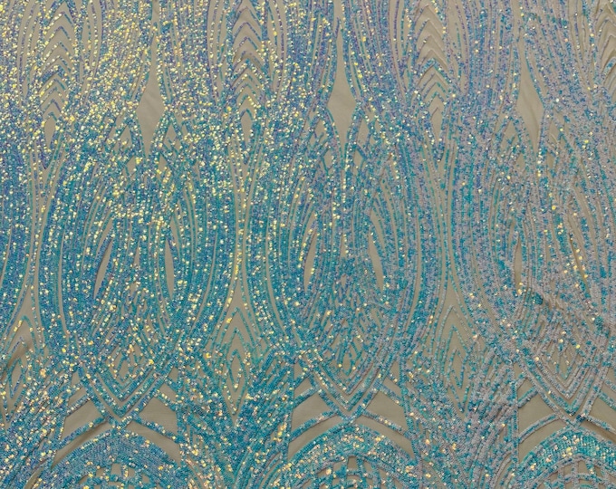 Aqua Blue Iridescent Sequins Fabric | 4 Way Stretch Fancy Big Damask Design Sequins on Spandex Mesh Prom Gala Gown Fabric By The Yard