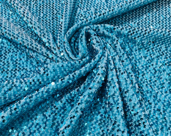 Sequins Velvet Fabric, Aqua Blue 2 Way Stretch Velvet With Partial Luxury Sequins  5mm Shining Sequin Velvet 58/60” (Choose The Quantity)