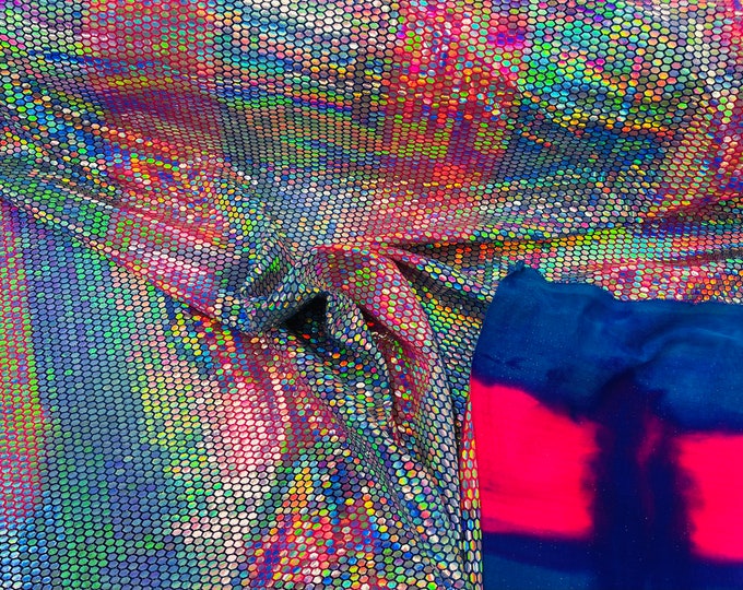 Honeycomb Foil Fabric - Iridescent Multi- Color  - Hexagon Print On Spandex Fabric By The yard, (Choose The Size)