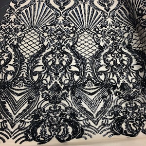 Black Sequin Damask Fabric – Selena Design, 4-Way Stretch Mesh, Gala Gown
