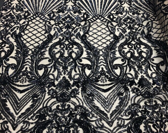 Black Sequin Damask Selena Design on a 4 Way Stretch Sequin Lace Mesh - Prom Gala Gown Fabric By Yard