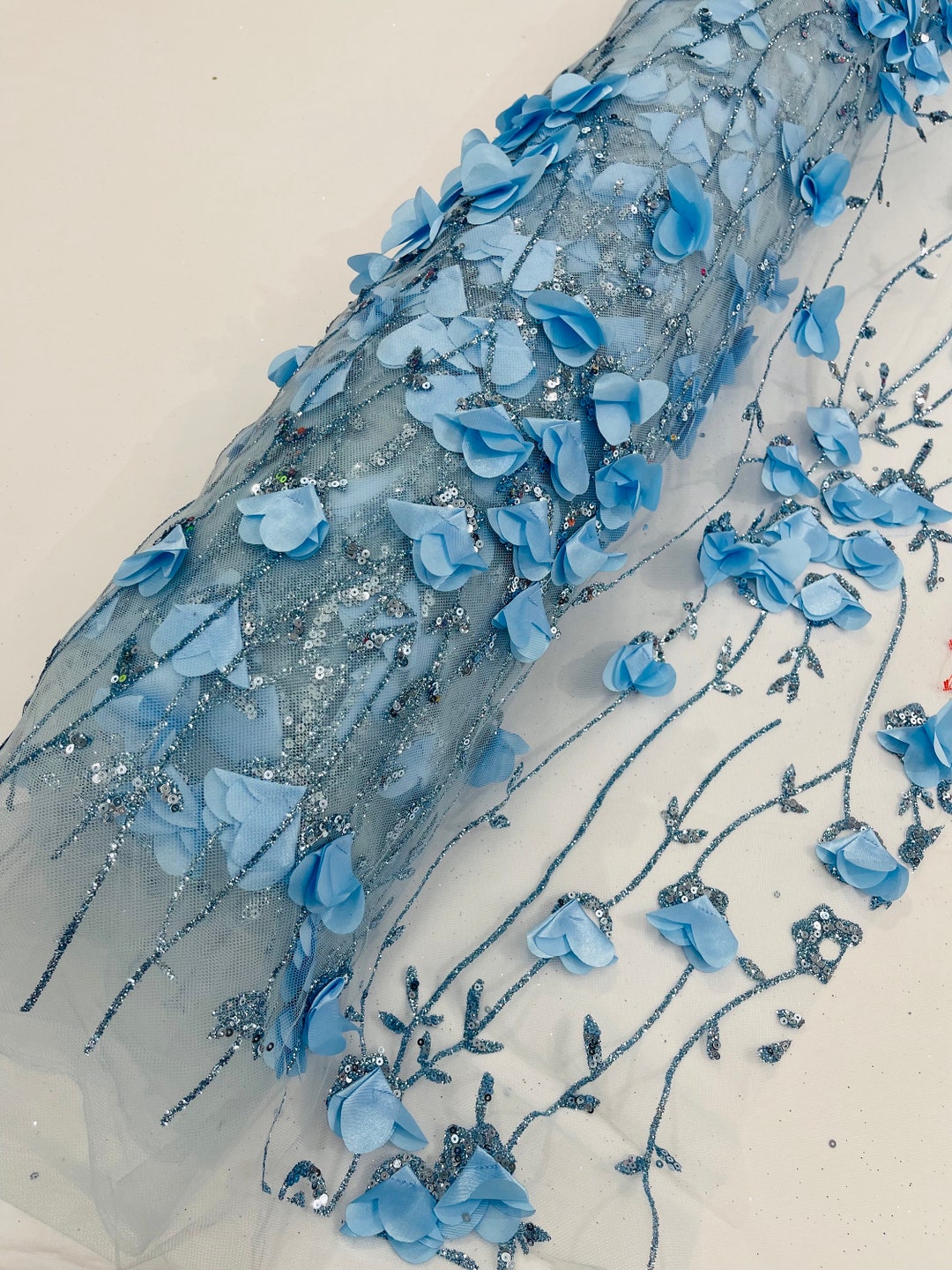 Baby Blue Glitter Tulle Fabric: 3D Flower Sequin Lace, Wedding Dress ...
