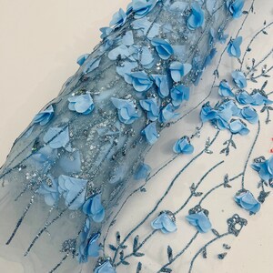 Baby Blue Glitter Tulle 3D Flower Lace Fabric Sequin, by the yard, for wedding dress Quinceañera 3D Floral glitter Tulle With Sequins