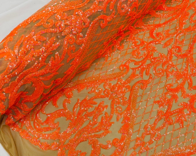Orange Hologram Sequins Fabric | Nude Mesh 4 Way Stretch | Embroidered Damask Design With Sequin Lace Prom-Gown by the yard