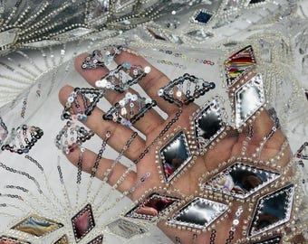 Silver Sequins Fabric, Embroidered Sequin Beaded Fabric By The Yard, Geometric Design Beaded Sequins on a Mesh For Wedding/Bridal/Prom
