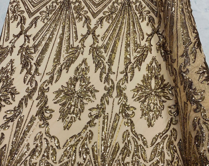 Gold Sequins Lace Fabric On Nude Mesh, Geometric Design Embroidered On 4 way Stretch Sequin By The Yard -Prom-Gown ( Choose The Size )