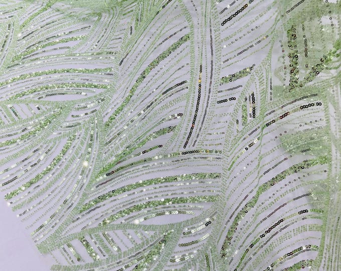 Sage Beaded Lace Fabric: Embroidered Mesh, Bridal Wedding Dress - Fashion Beaded