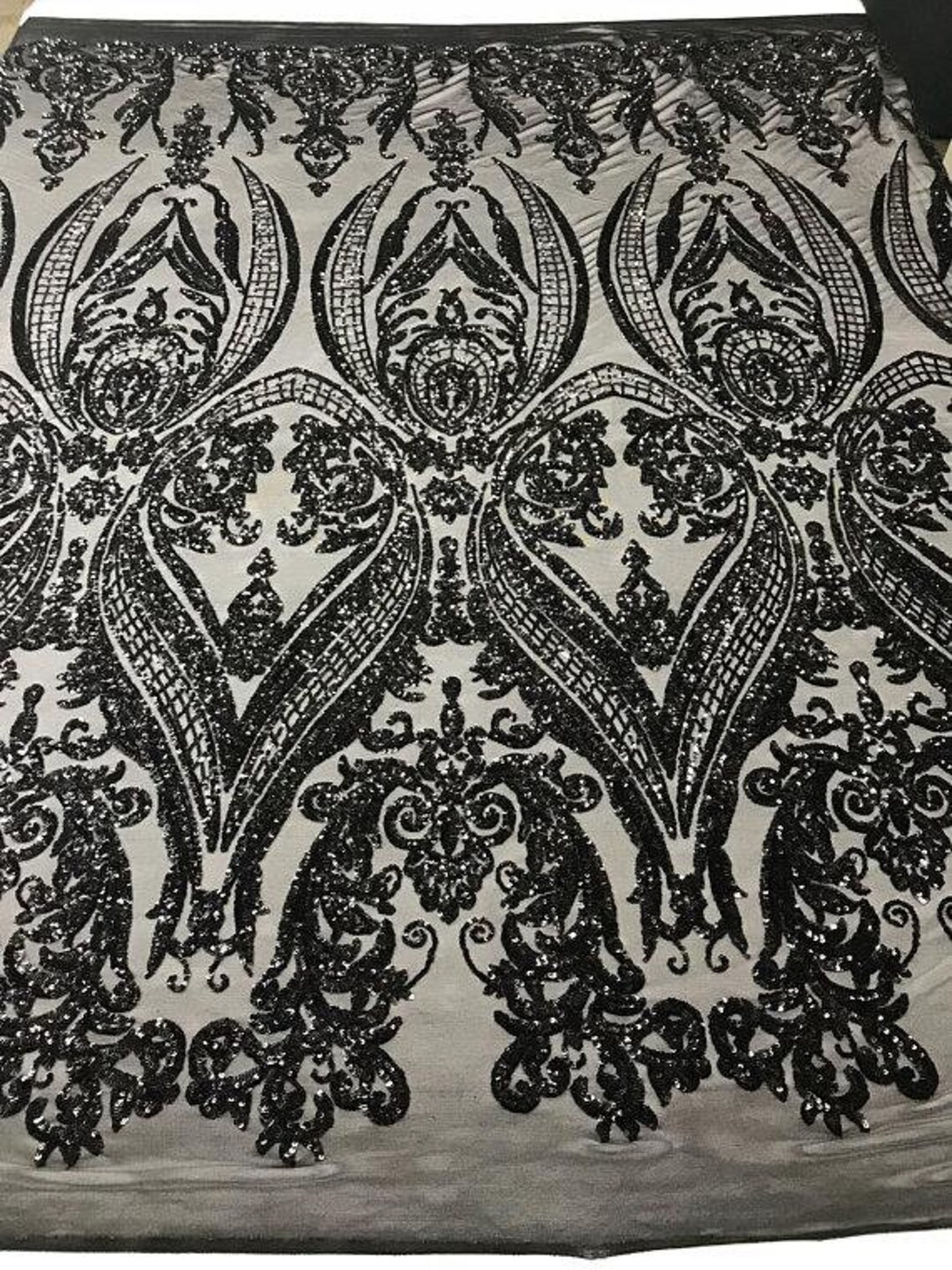 Damask Shiny Sequin Shell Design On a 4 Way Stretch Mesh Fabric -Prom-Sold By The Yard. Black main image 1