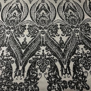 Damaststof met zwarte pailletten: 4-way stretch spandex mesh, materiaal galajurk