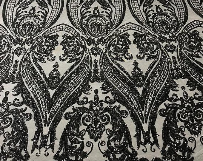 Black Sequin - 4 Way Stretch Fancy Big Damask Design Sequins on Spandex Mesh Prom Gala Gown Fabric By The Yard