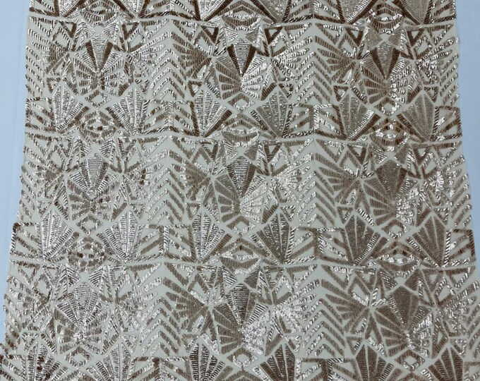 Matte Champagne 4 Way Stretch Geometric Sequins Emily Design Shiny Fabric on Mesh for Prom Gala Gown By The Yard