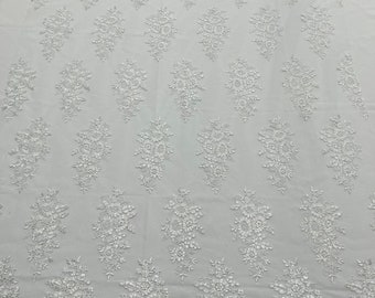 White Floral Lace Fabric - by the yard - Embroidery With Sequins on a Mesh Lace Fabric For Wedding-Bridal