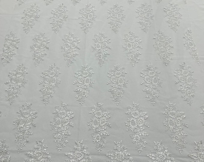 White Floral Lace Fabric - by the yard - Embroidery With Sequins on a Mesh Lace Fabric For Wedding-Bridal
