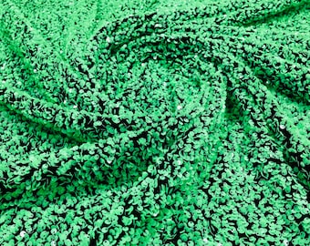 Green Sequin Black Stretch Velvet Fabric: 5mm Sequins, 2-Way Stretch