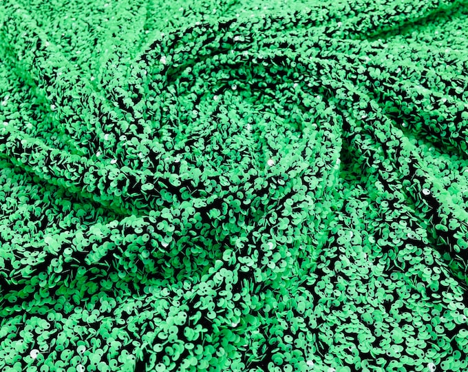 Green Sequin on Black Stretch Velvet With Sequins all Over 5mm Sequins 2-way Stretch 58/60” (Choose The Quantity)