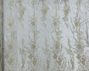 Ivory Flower Beaded Fabric: Embroidered Sequins Bridal Lace