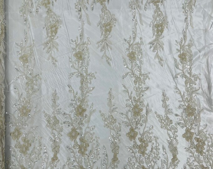 IVORY Flower Beaded Fabric - Embroidered Beaded With Sequins Wedding Bridal Fabric Sold By The Yard