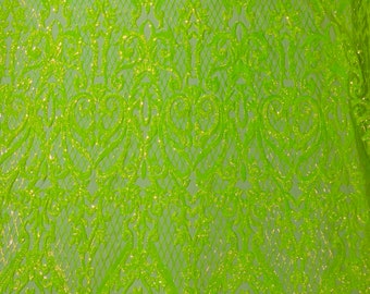 Lime Green Iridescent Sequins Fabric | 4 Way Stretch Mesh | Embroidered Damask Design With Sequin Lace Prom-Gown by the yard
