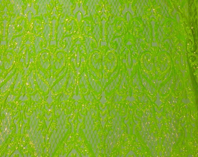 Lime Green Iridescent Sequins Fabric | 4 Way Stretch Mesh | Embroidered Damask Design With Sequin Lace Prom-Gown by the yard