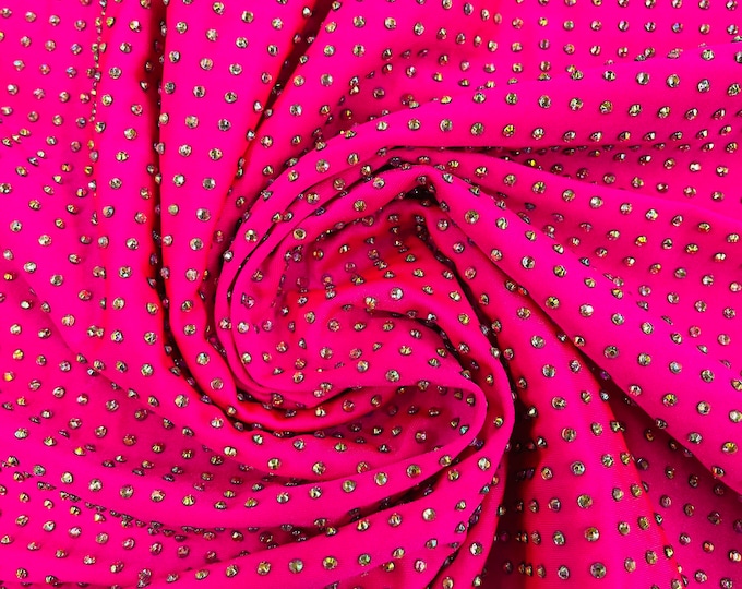 New Luxury AB Rhinestone on Hot Pink Spandex 4 Way stretch Fabric 60" Wide, Rhinestone Fabric-Prom-Drees sold by the yard ( Pick a Size )