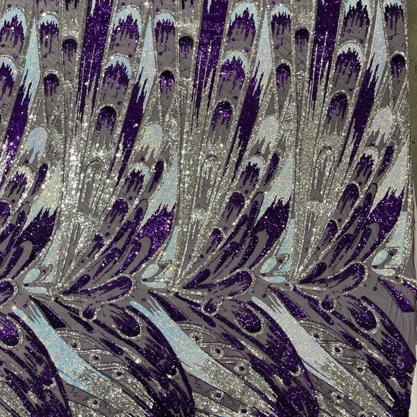 Purple | Aqua Iridescent | Silver Sequins - Olivia Design 4 Way Stretch Sequin Fabric on a Mesh Sequin Multi Color-Prom-Gown By The Yard