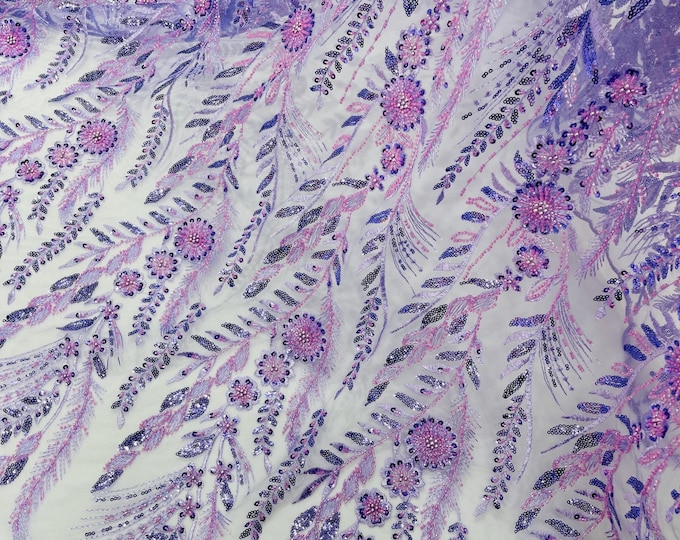 Lilac Floral Design Beads and Sequins, Lace Beaded Sequin Floral & Leaves Embroidered on a Mesh Lace,Wedding,Bridal,Dress By The Yard
