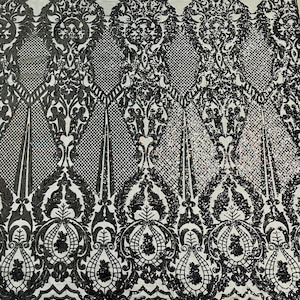 Stof met zwarte damast pailletten: geborduurd gaas, 4-way stretch - op maat gesneden