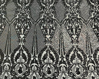 Black Damask Sequins Fabric: Embroidered Mesh, 4-Way Stretch - By The Yard