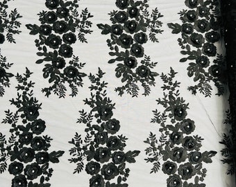 Black 3D Floral Lace Fabric by the yard, Flower Design Embroider With Rhinestones On a Mesh, Prom-Dresses-Nightgown-Apparel-Fashion