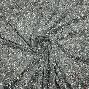 Silver Sequin Fabric on Silver Stretch Velvet - by the yard - all Over 5mm Sequins Velvet 2-way Stretch 58/60”