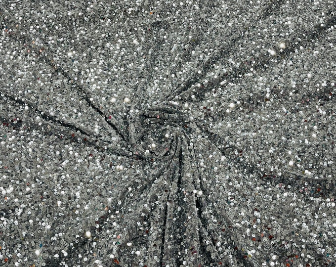 Silver Sequin Fabric on Silver Stretch Velvet - by the yard - all Over 5mm Sequins Velvet 2-way Stretch 58/60”