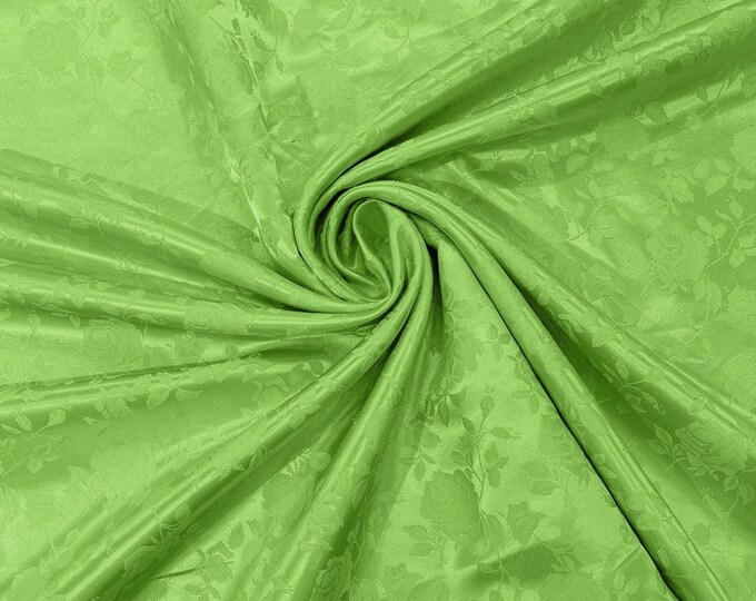 Lime Green Flower Brocade Jacquard Satin Fabric, Sold By The Yard Polyester Satin Floral Wide 58/60"  (Choose The Quantity)