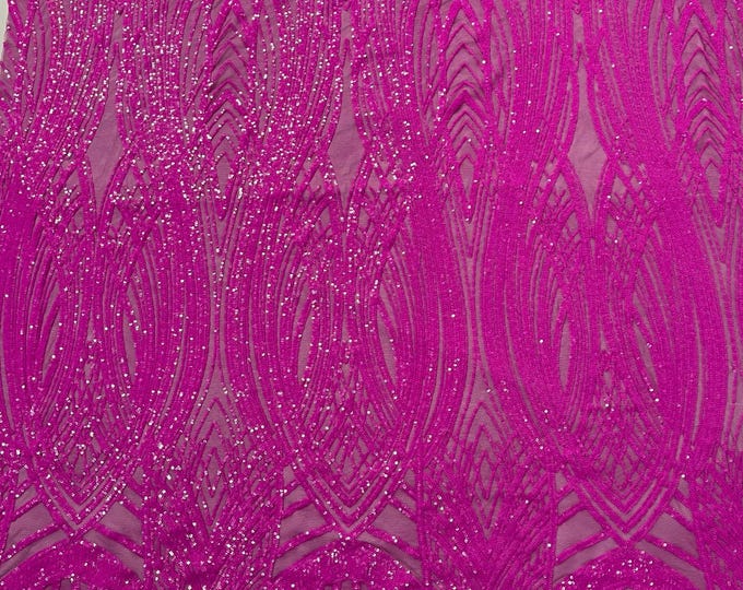 Magenta Iridescent Sequins Fabric | 4 Way Stretch Fancy Big Damask Design Sequins on Spandex Mesh Prom Gala Gown Fabric By The Yard
