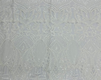 White Sequin Mesh Fabric, Royalty Embroidered Design, 4-Way Stretch