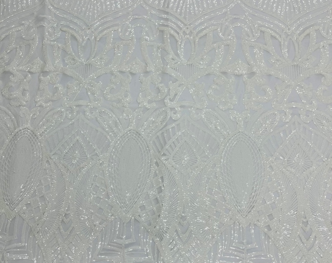 White Sequins on White Mesh, Royalty Design Embroidered on a Mesh 4way Stretch Sequin-Prom-Gown By The Yard