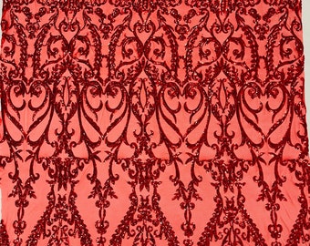 Red Damask Sequin Fabric – 4-Way Stretch Spandex Mesh, Sold By The Yard