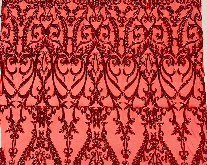 Red Sequin Fabric Sold By The Yard - on Spandex Mesh - Damask Design 4 Way Stretch Sequins Fabric