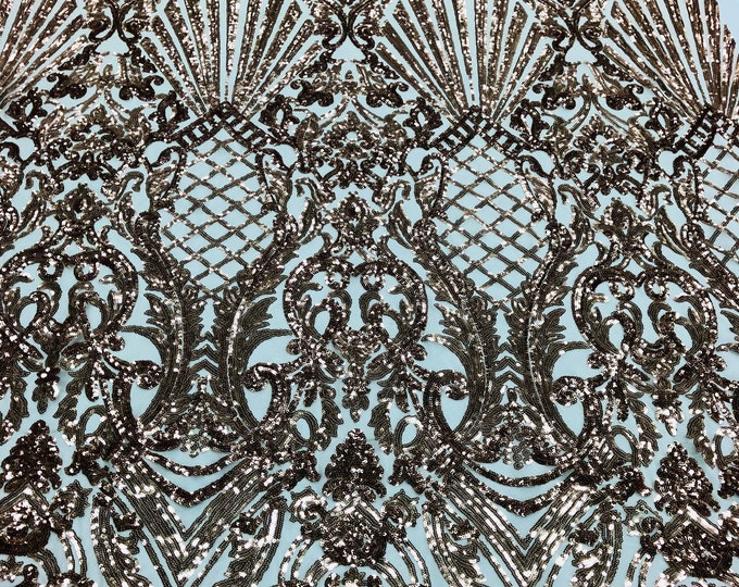 Rose Gold Sequin - by the yard - on Blush Mesh Damask Design on a 4Way Stretch Sequins Fabric Prom