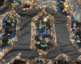 Rose Gold Iridescent Sequin Fabric, Black Mesh, Jewel Design, 4-Way Stretch, Sold By Yard