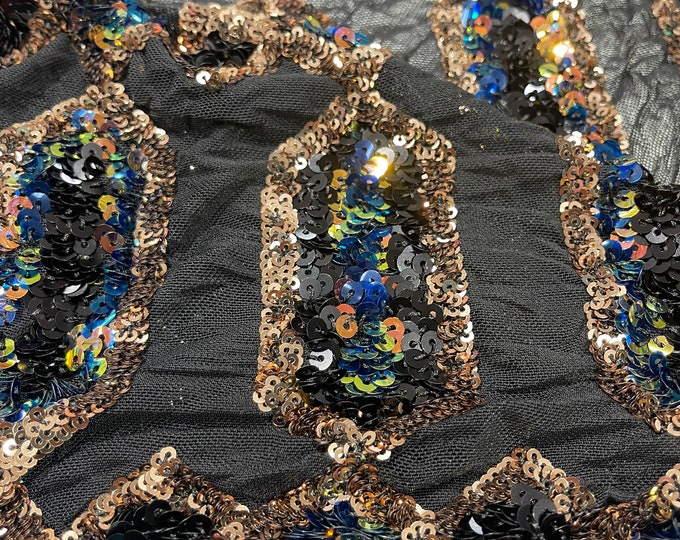 Rose Gold/Rainbow Iridescent Sequin on Black Mesh, Jewel Design Embroidered on a Mesh 4 way Stretch Sequins Sold By Yard  ( Pick a Size )
