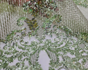 Sage Green Damask Lace Fabric, Corded Flower Embroidery with Sequins