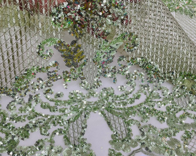 Sage King Damask Lace Fabric, Corded Flower Embroidery With Sequins on a Mesh Lace Fabric By The Yard For Gown, Wedding-Bridal-Dress