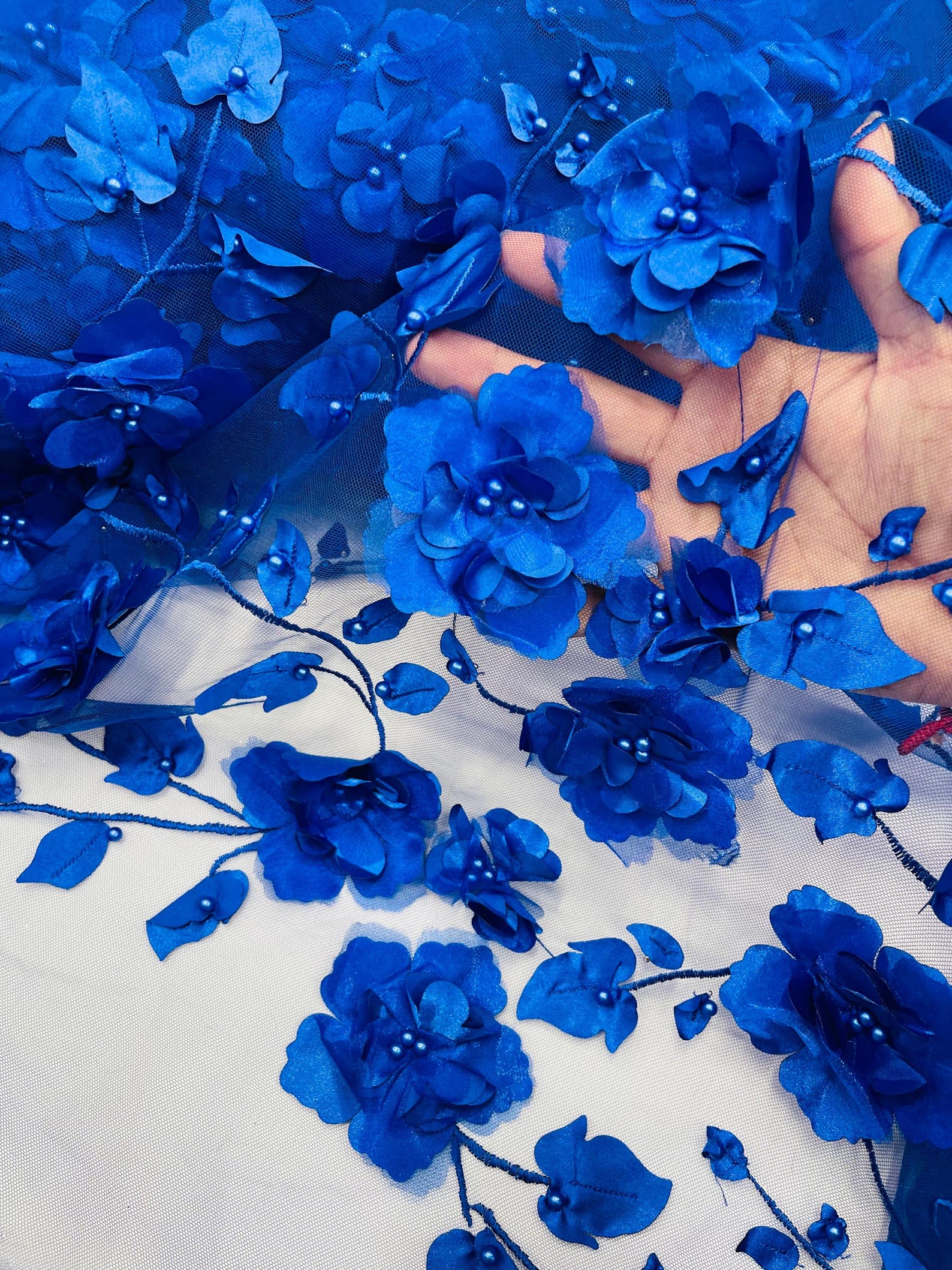 Royal Blue 3D Floral Lace Fabric With Pearls - Prom Dress Fabric by the ...