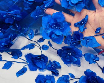 Royal Blue Orquidia 3D Floral Design Embroider With Pearls On a Mesh Lace Fabric, Orquidia Big 3D Flower Lace Fabric Prom-Dress By The Yard